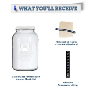 Printed Gallon Kombucha Glass Jar With Rubber Band, Muslin Cover, and Temperature Strip