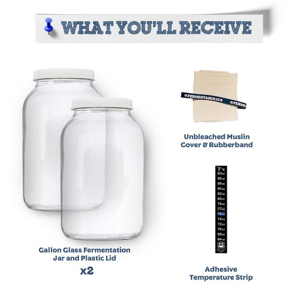 2 One Gallon Glass Kombucha Jars With Muslin Covers, Rubber Bands, And Temperature Strips
